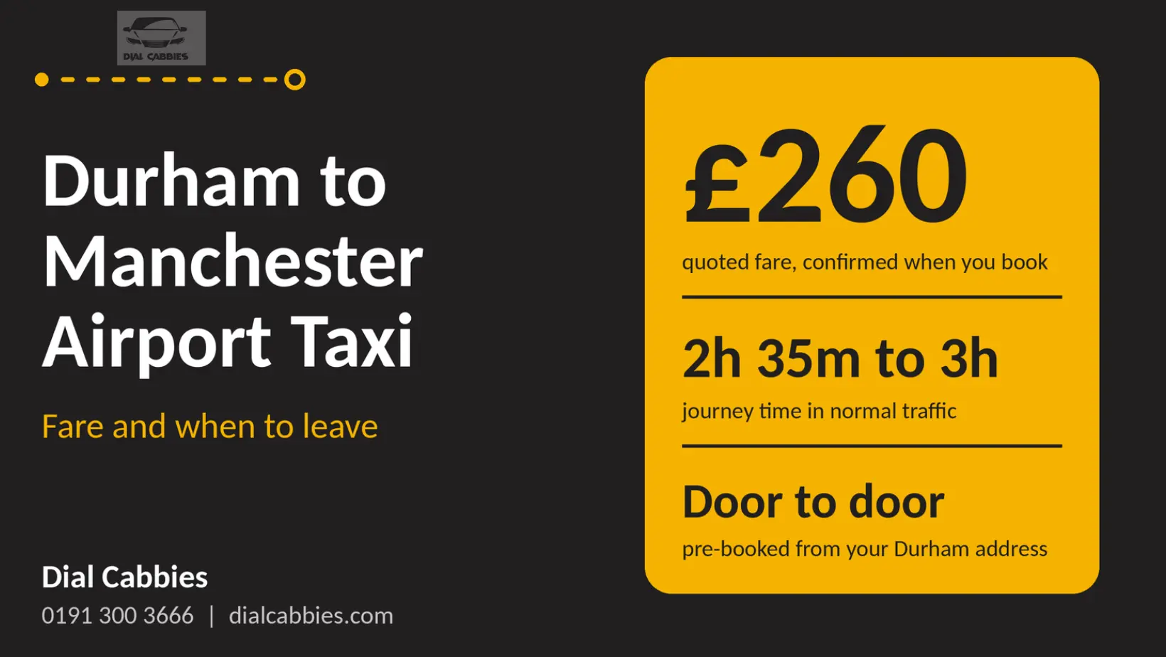 Durham to Manchester Airport taxi with Dial Cabbies: £260 quoted fare, 2h 35m to 3h journey time, door-to-door pickup